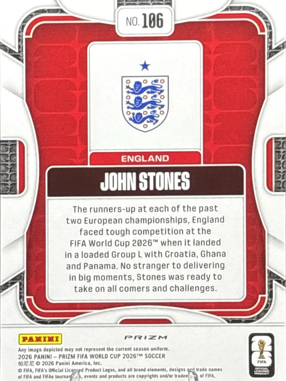 Panini Silver Prizm John Stones England Card